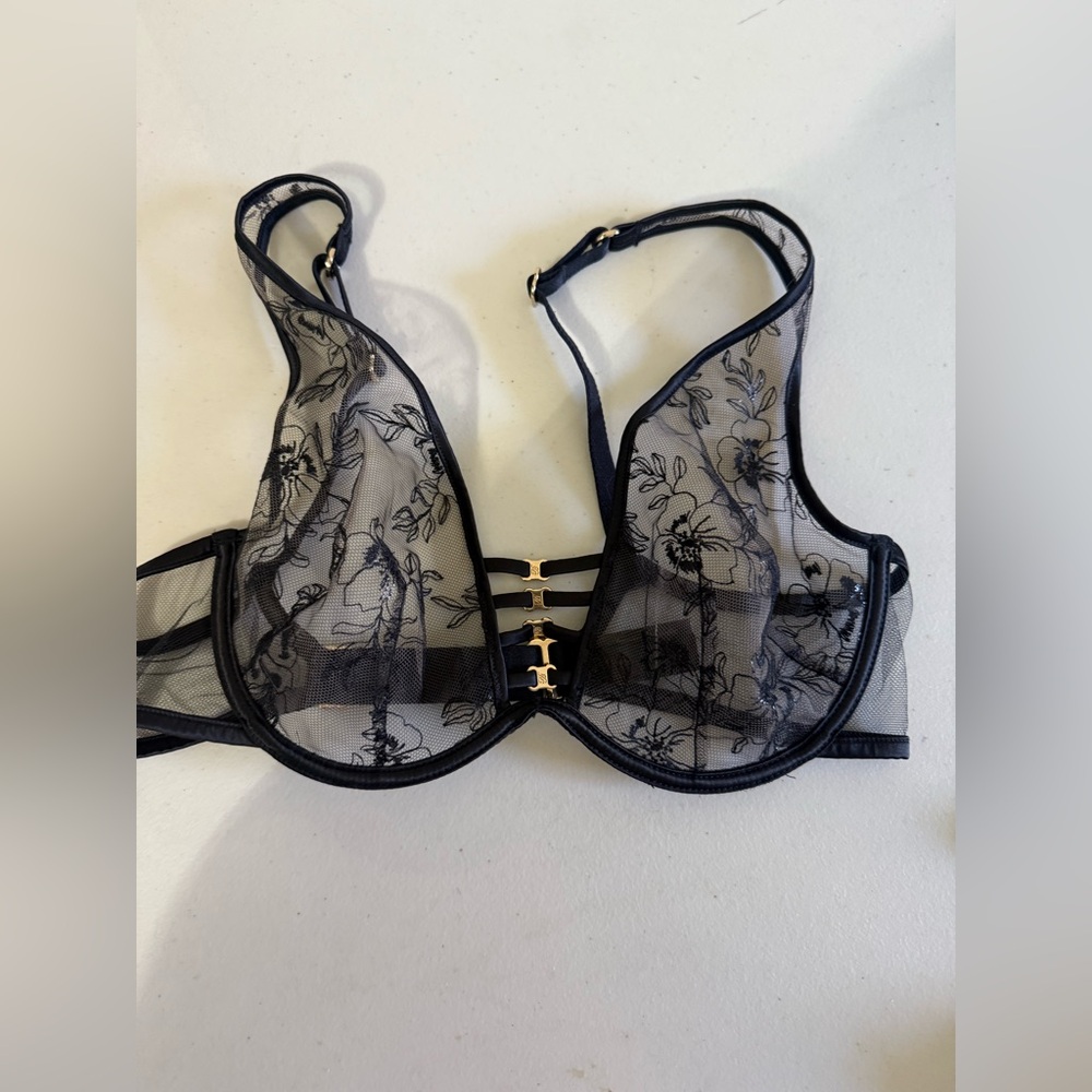 Honey Birdette Black Sheer Floral Underwire Bra with Gold Accents